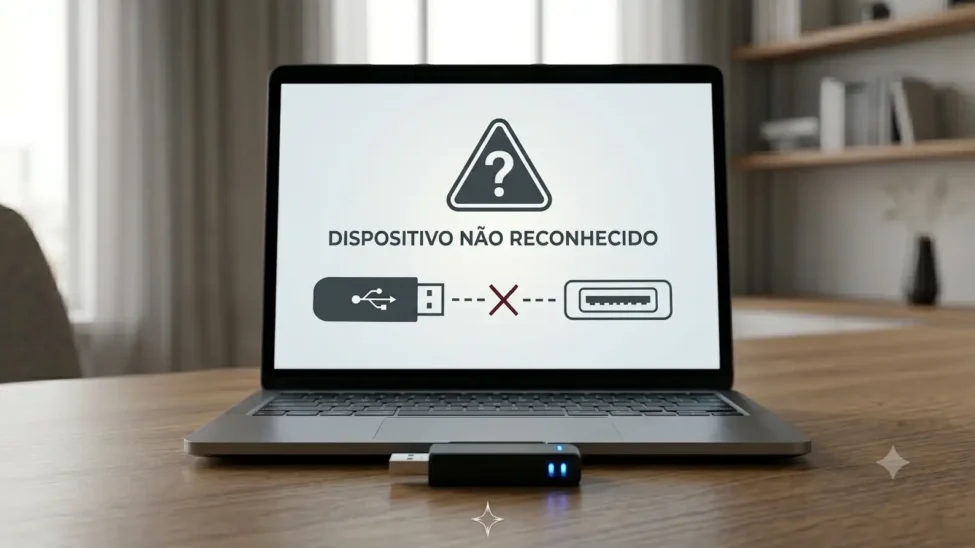 Laptop displays a 'Device not recognized' warning in Portuguese, with USB icons and a small dongle on the desk in front.