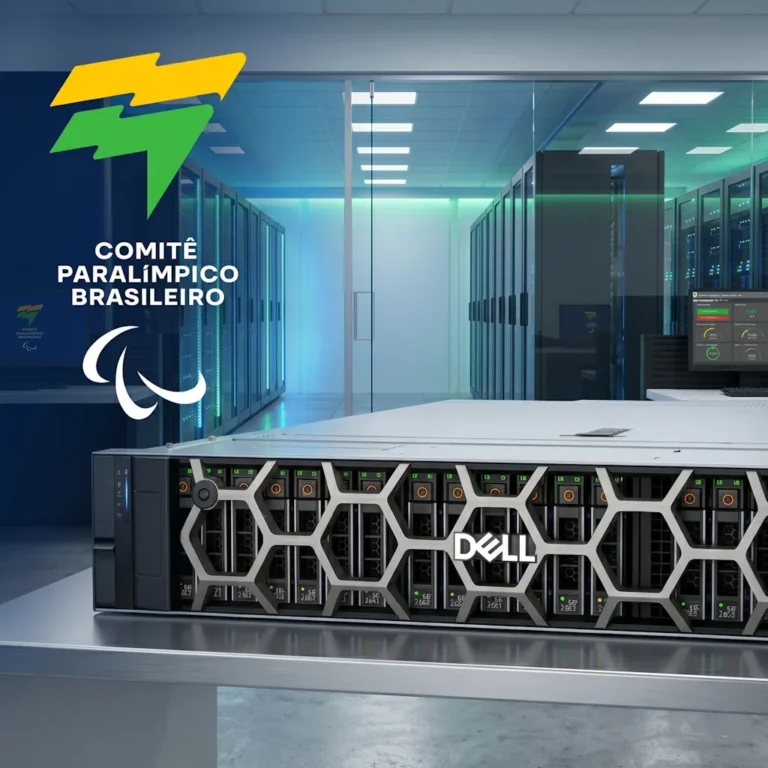 Dell server rack in a high-tech data center, with the Brazilian Paralympic Committee logo on the left and blue ambient lighting from glass-walled rows of servers.