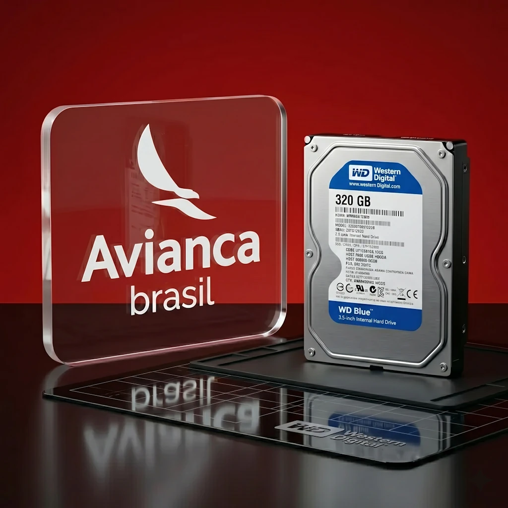 3D graphic showing Avianca Brasil logo on a red translucent panel beside a WD 320 GB hard drive, on a reflective surface.