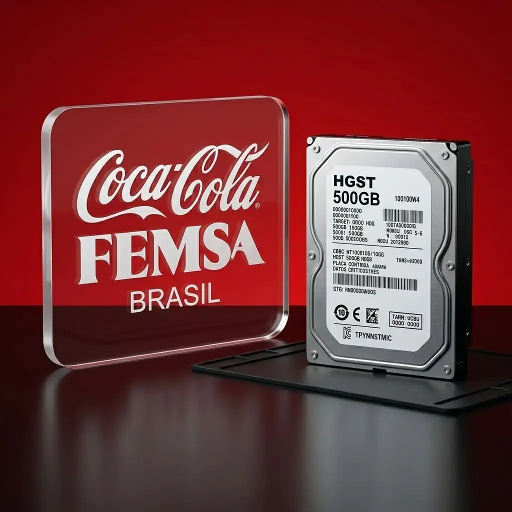 Coca-Cola FEMSA Brasil logo panel beside a 500GB hard drive on a red background, tech contrast theme.