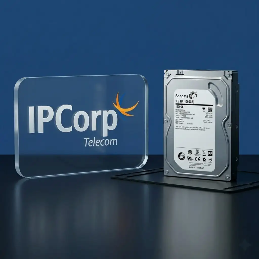 IPCorp Telecom logo on a transparent plaque beside a Seagate hard drive on a dark blue surface and reflection nearby.
