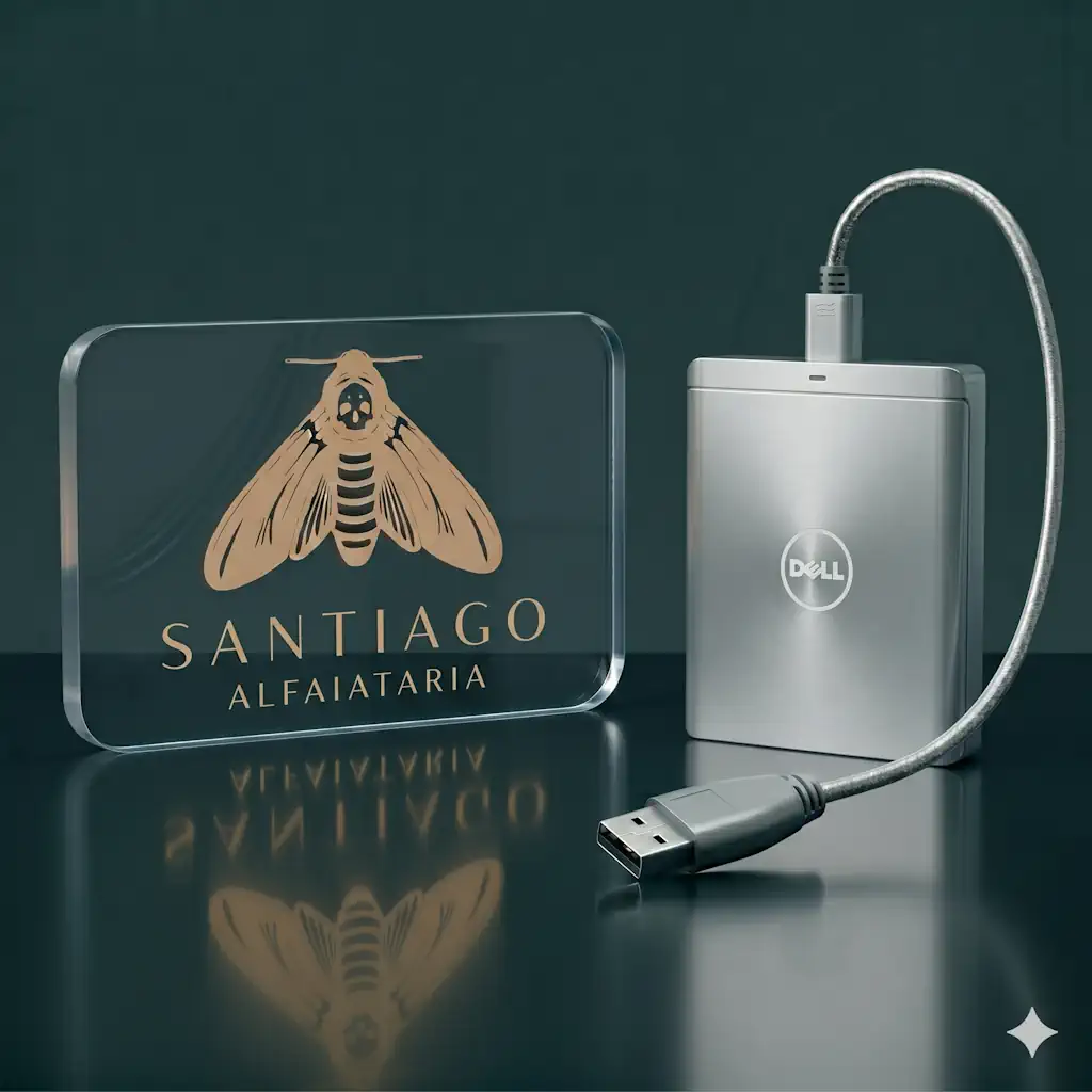 Dell external USB device connected by cable beside a glass plaque featuring a beige moth logo and the text 'SANTIAGO ALFAIATARIA'
