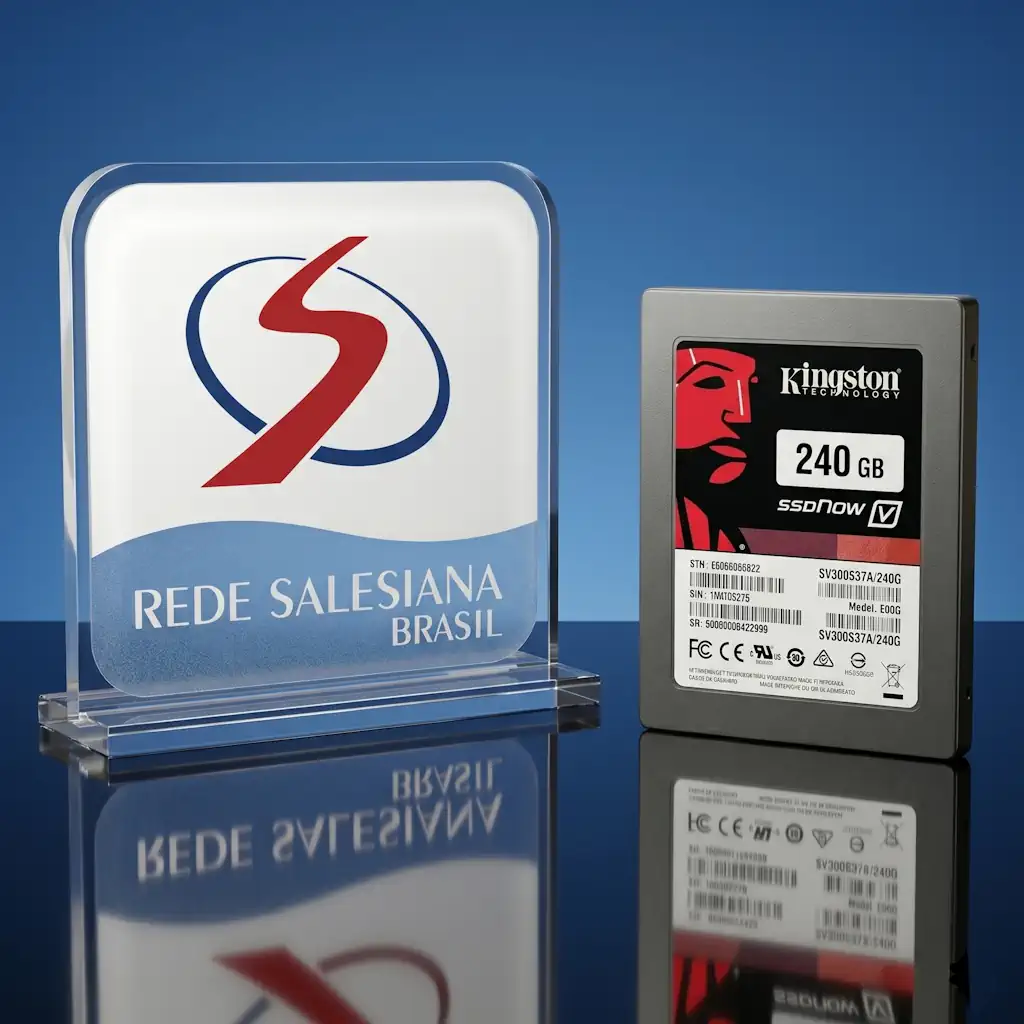 Rede Salesiana Brasil logo plaque beside a Kingston 240 GB SSD on a blue surface.