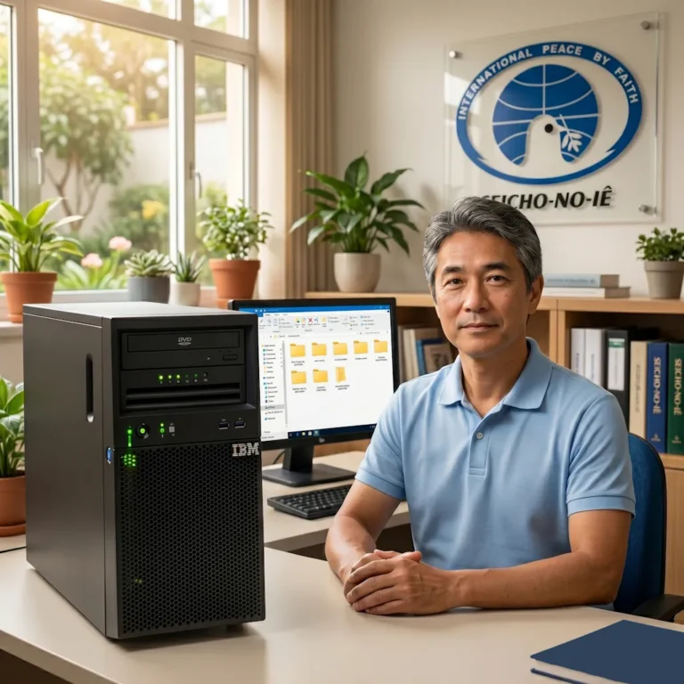 Man sits at a desk in a bright office with an IBM server and monitor, and a Peace by Faith sign on the wall behind him.