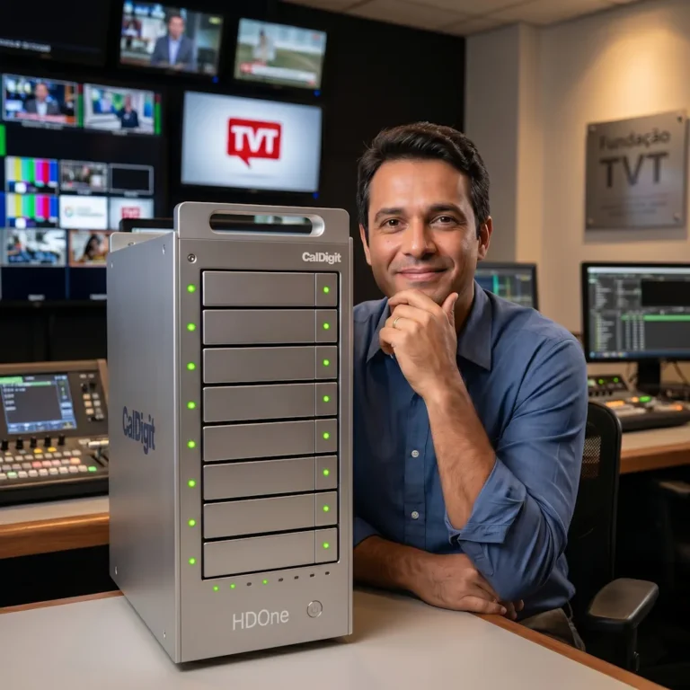 Tech professional in a blue shirt sits at a control room desk beside a CalDigit HDOne multi-drive server with green LED indicators; TV screens and a TVT logo in the background.
