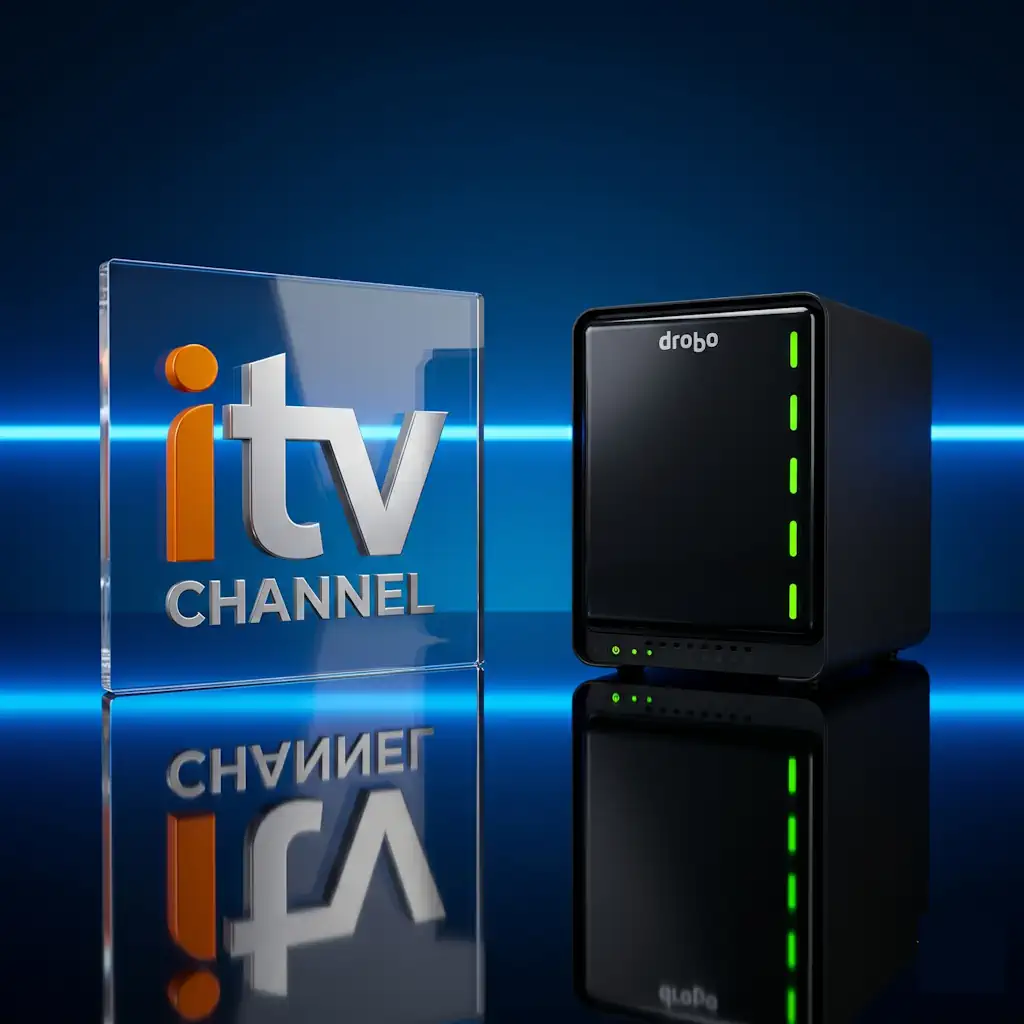 Glass panel with orange 'itv CHANNEL' logo beside a black Drobo storage device with green LED indicators on a glossy blue backdrop.