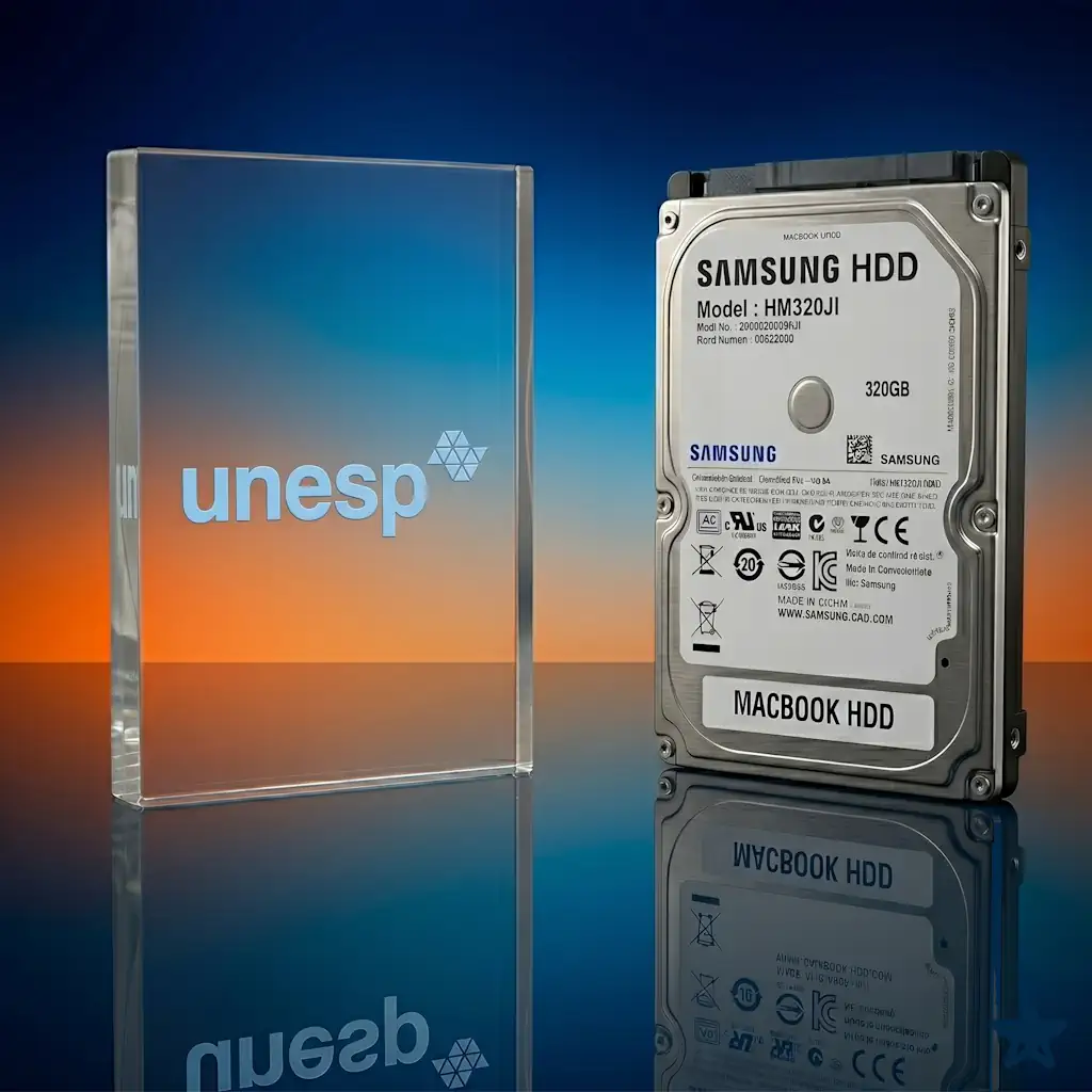 Two tech items on a reflective surface: a clear acrylic award with the 'unesp' logo beside a Samsung MacBook hard drive labeled 'MACBOOK HDD' against an orange‑blue gradient background.