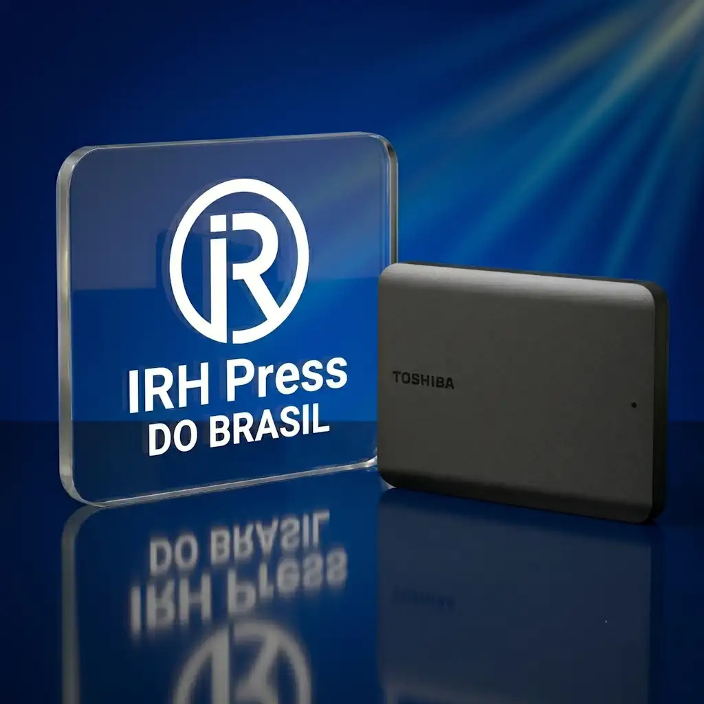 Glass plaque with the logo and text 'IRH Press DO BRASIL' beside a Toshiba external hard drive on a glossy blue surface.