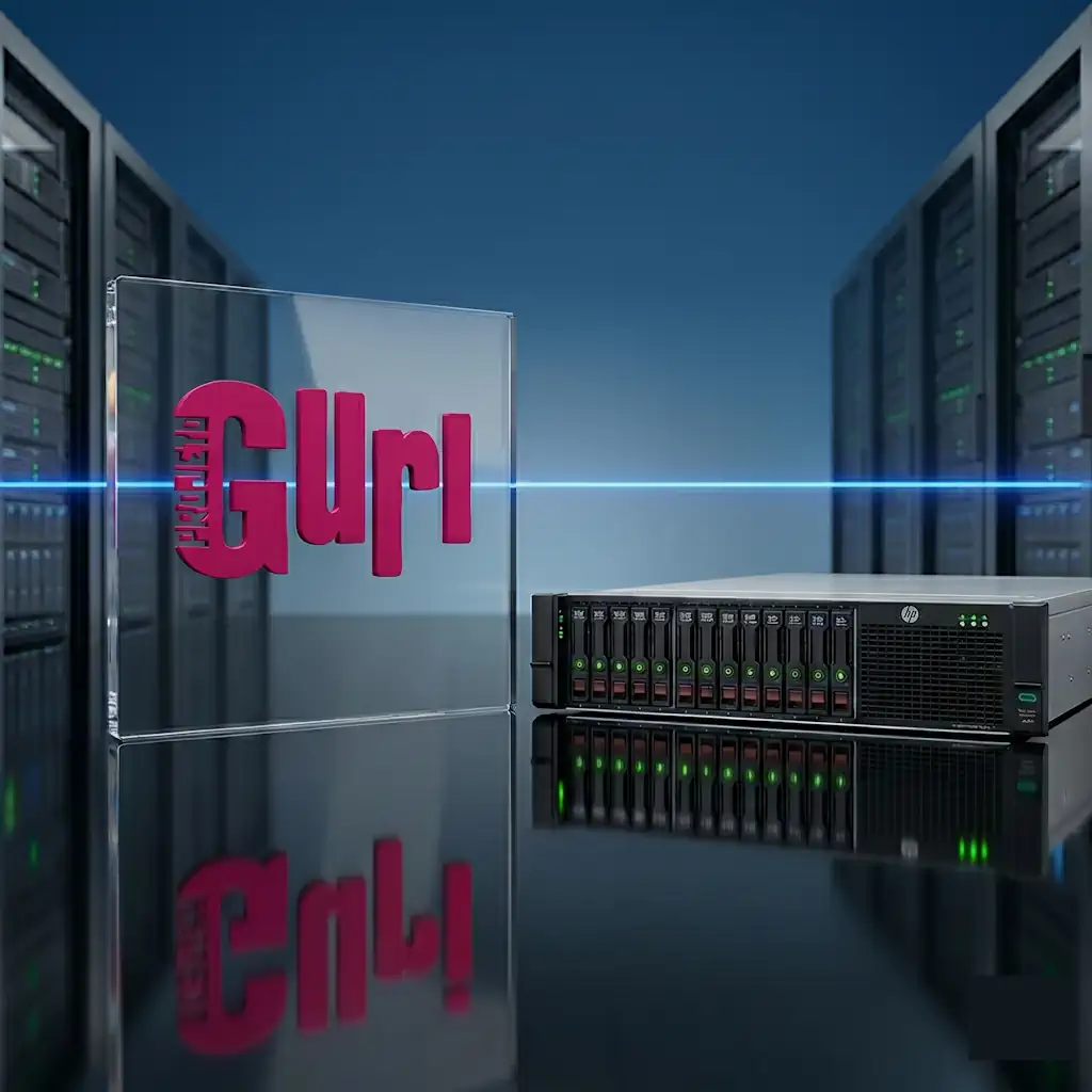 Data center with server racks and a glass panel showing a bold pink 'Girls' logo; a blue light streak across the scene.