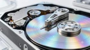 Close-up of an internal hard disk drive with the read/write arm hovering over a spinning platter.