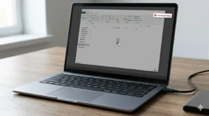 Laptop with Windows Explorer open; a Not Responding dialog shows in the top-right and an hourglass cursor is over a file window on the screen.