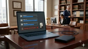 Open laptop on a wooden desk shows a system status screen with multiple 'Healthy' bars and a red 'Unknown / Not Initialized' alert in a law office setting with two professionals in the background.