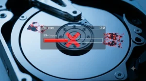 Close-up of a hard disk drive with a translucent 'File copy' window showing 99+ hours and a red progress bar.