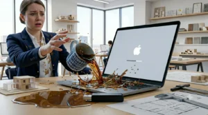 Businesswoman in a navy blazer gasps as coffee spills from a mug onto a laptop in a bright modern office setting