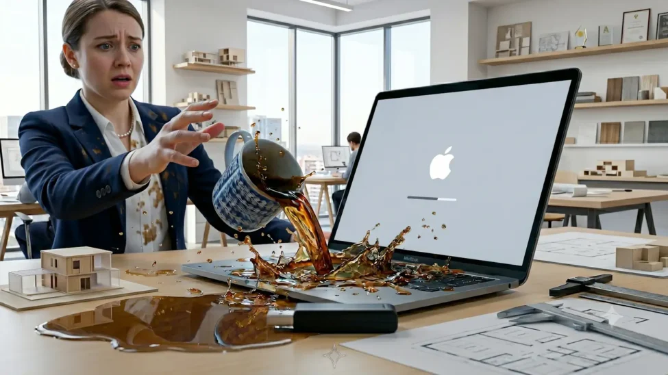 Businesswoman in a navy blazer gasps as coffee spills from a mug onto a laptop in a bright modern office setting