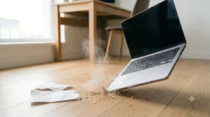 Laptop tipping over and crashing onto a wooden floor with dust and debris flying and scattered papers nearby.