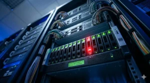 Server rack with illuminated drive bays and a warning on the display: 'RAID Degraded - Drive 2 Failed'