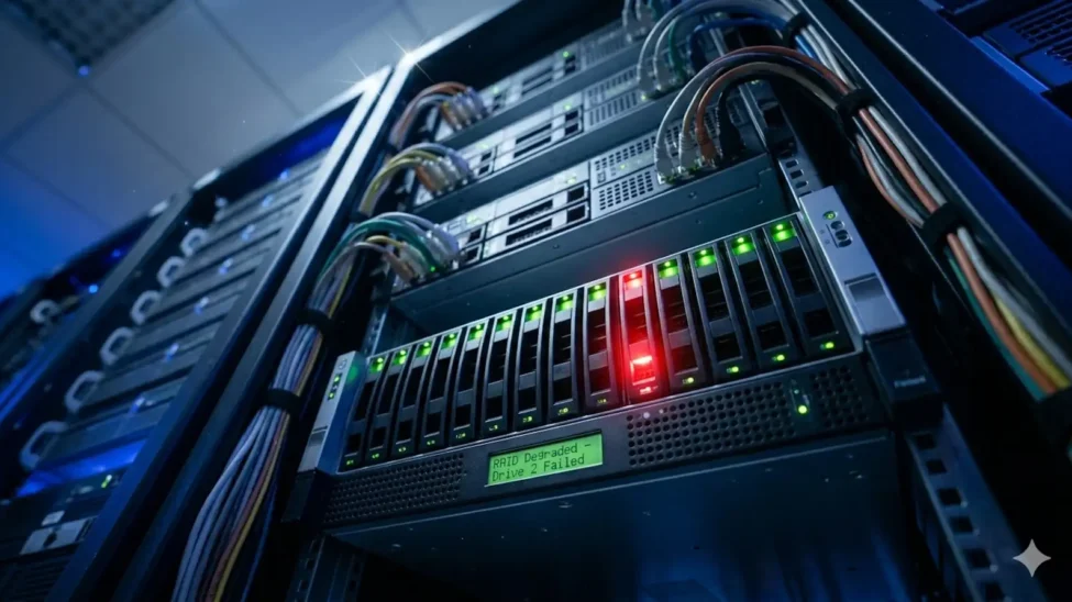 Server rack with illuminated drive bays and a warning on the display: 'RAID Degraded - Drive 2 Failed'