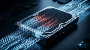 Close-up of a metal hard drive with glowing blue data streams running beneath it on a dark surface.
