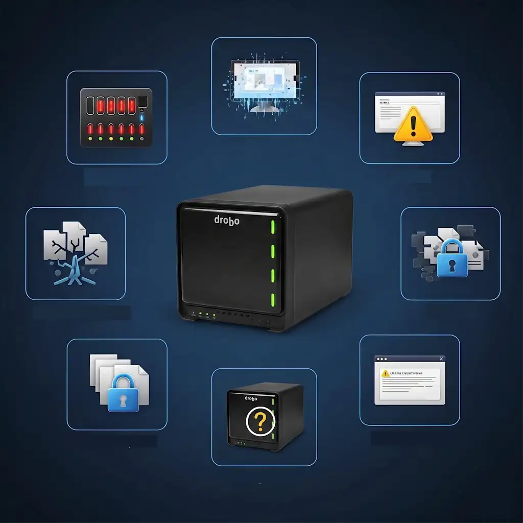 Central Drobo network storage device with surrounding icons representing backups, security, alerts, and data protection features.