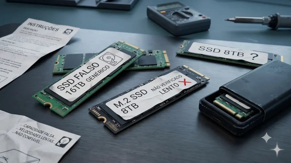 Several exposed solid-state drives with deceptive labels (e.g., 'SSD FALSO 16TB GENERICO') on a workbench with tools nearby, suggesting counterfeit storage devices.