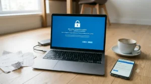 Laptop displaying the BitLocker Drive Encryption screen on a wooden desk, with a coffee cup and a smartphone nearby.